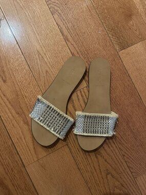 J.Crew Leather Slide Sandals With Silver Beaded Detailing